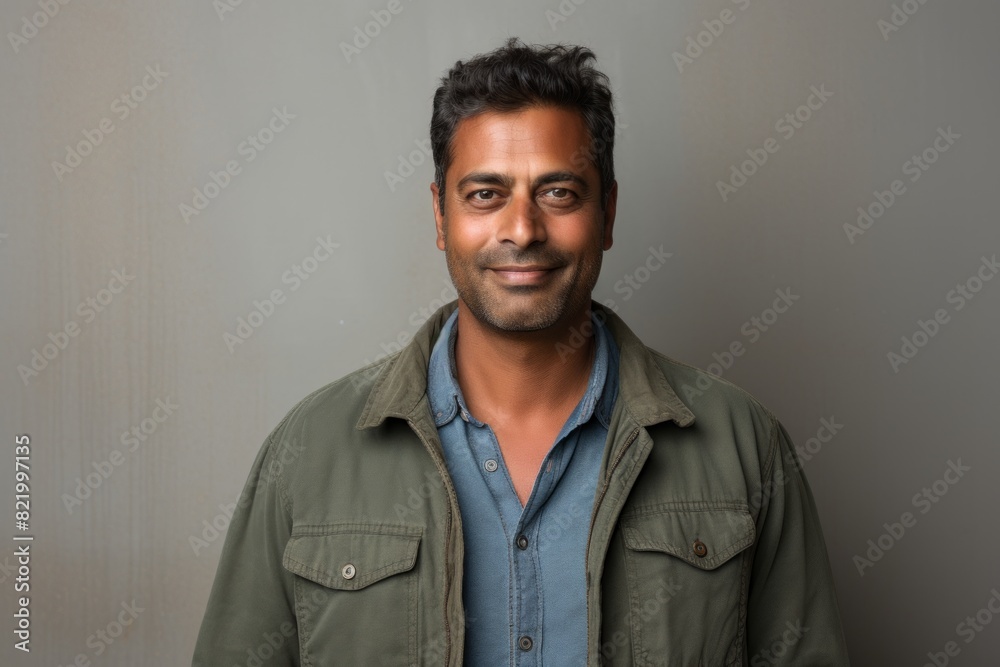 Portrait of a glad indian man in his 40s smiling at the camera on bare concrete or plaster wall Portrait of a glad indian man in his 40s smiling at the camera on bare concrete or plaster wall