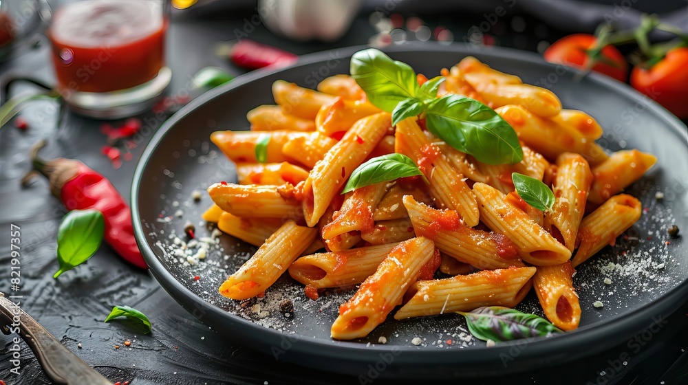 Delicious penne pasta in a tasty tomato sauce, served on a stone table. Classic Italian cuisine. Delicious penne pasta in a tasty tomato sauce, served on a stone table. Classic Italian cuisine.