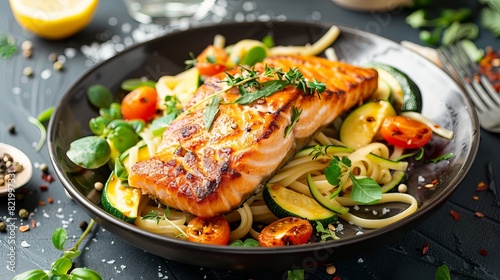 Delicious salmon and zucchini linguine is served on a table.