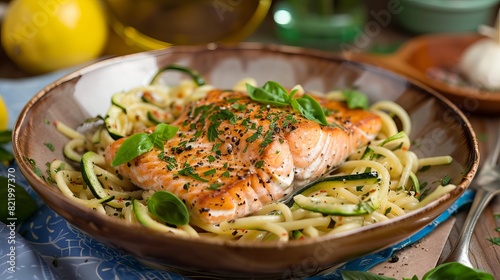 Delicious salmon and zucchini linguine is served on a table.