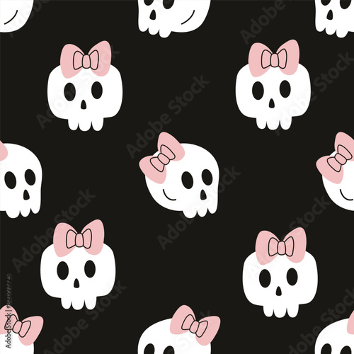 Seamless pattern made with cute skulls with a bow. Halloween, day of death, Día de los Muertos.