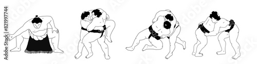 A set of sumo wrestlers in minimal art style. Traditional japanese sport.