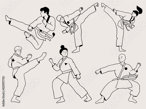 Karate concept. Karate fighter or sport person in kimono. Fighting, kicking, attacking pose. Japan martial art, professional or recreation. Active rest, recharge. Knockout workouts.