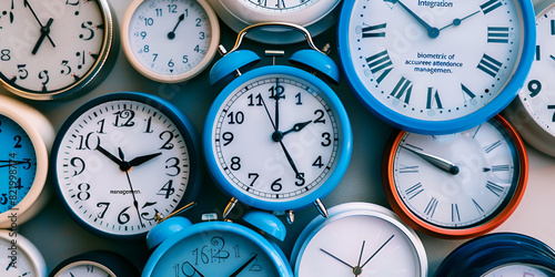  A variety of clocks hanging on a wall, showing different time zones and styles