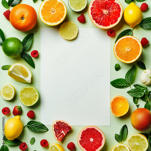 blank sheet of A4 paper on a green surface surrounded by juicy citrus fruits grapefruit  orange  lime  strawberry modern template to fill