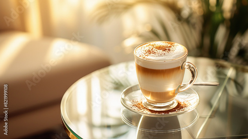 Hot cappuccino, freshly brewed, placed on a glass table. Its foam enticingly tempts and encourages him to drink. The scene is captured from an angled top-down perspective. Cozy and warm ambiance photo