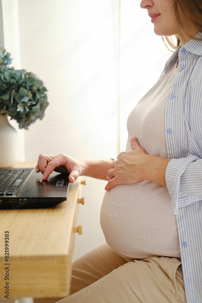 Naklejka premium Beautiful young pregnant woman working on a laptop while sitting at a table