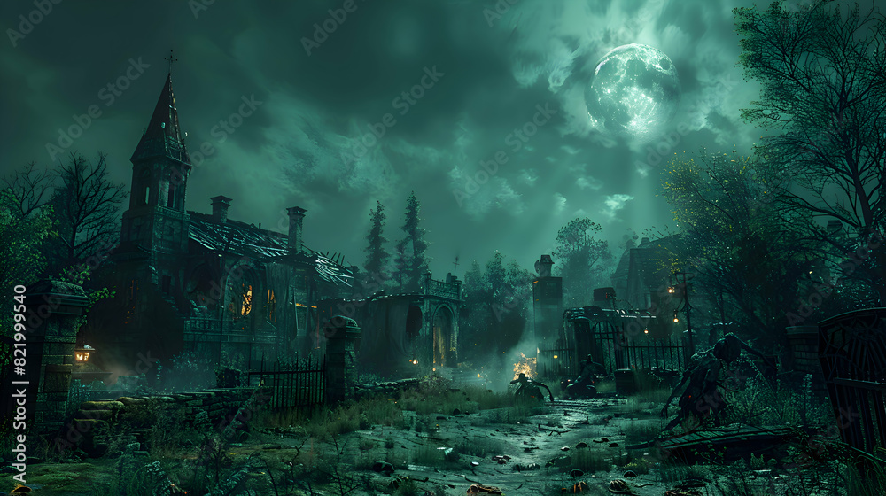 Fototapeta premium A Halloween night scene with zombies emerging from the ground, illuminated by moonlight and surrounded by eerie decorations