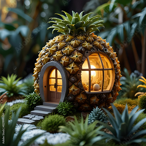 A pineapple-shaped organic house design in the fairy garden, photo