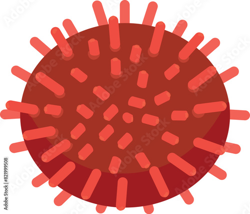 Digital illustration of a red virus with spike proteins isolated on a white backdrop