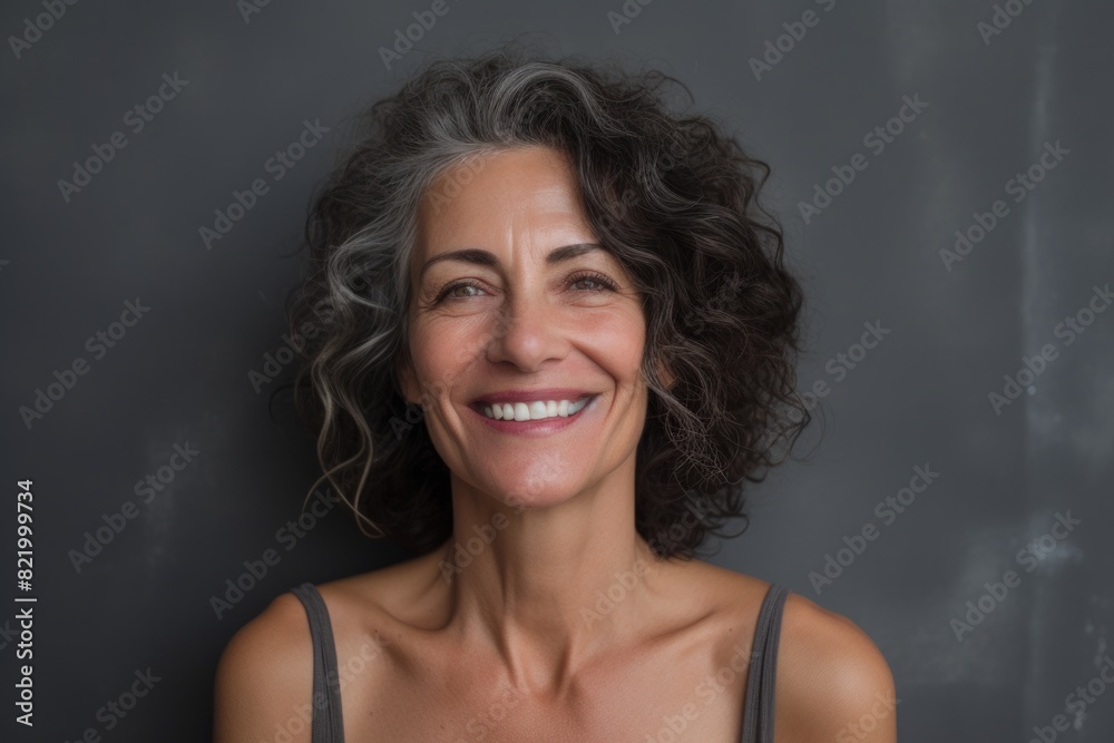 Portrait of a blissful woman in her 50s smiling at the camera while standing against bare concrete or plaster wall Portrait of a blissful woman in her 50s smiling at the camera while standing against bare concrete or plaster wall