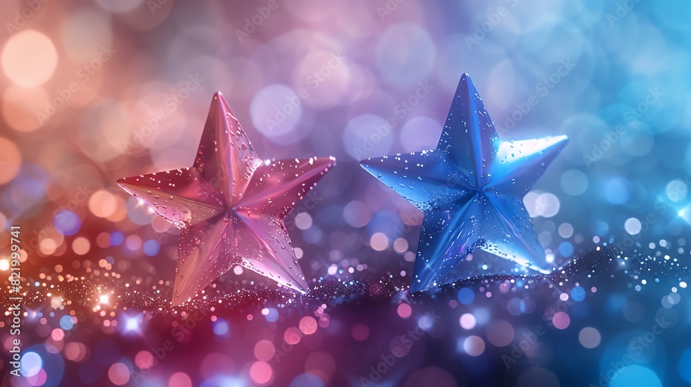 Two stars, one pink and one blue, sit side by side against a backdrop of twinkling lights Two stars, one pink and one blue, sit side by side against a backdrop of twinkling lights