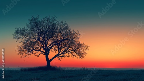 Generate a high-quality digital painting of a lonely tree in a field at sunset