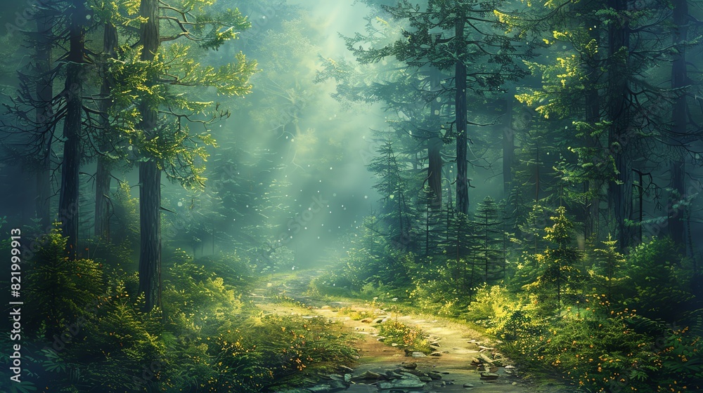 Obraz premium A beautiful painting of a lush green forest with a path leading into the distance. The sun is shining through the trees and there is a light mist in the air.