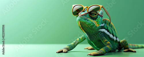 colorful chameleon with sunglasses on green background, banner with copy space area, copy text place background, full body, 3d rendering  photo