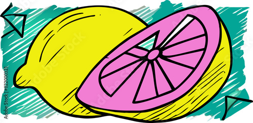 a logo of a lemon split in half by lightning, acid trip style, icon uneven fill