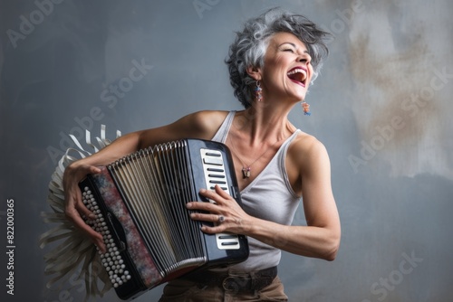 Portrait of a content woman in her 50s dancing and singing song in microphone on bare concrete or plaster wall photo