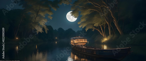 A majestic river boat glides through the tranquil waters, its reflection shimmering in the moonlight. The towering trees on the riverbank sway gently in the breeze