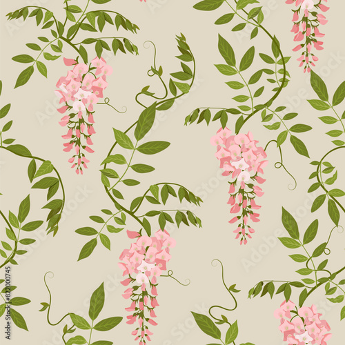 Blooming wisteria on a beige background. Seamless vector illustration.
