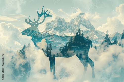 Silhouette of a deer with antlers overlaid with a mountain landscape, surrounded clouds and trees. nature elements,tranquil scene.