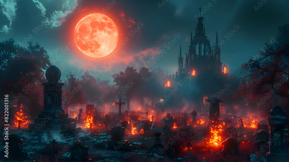 Fototapeta premium A Halloween night scene with a full moon illuminating a spooky graveyard, surrounded by eerie decorations and fog