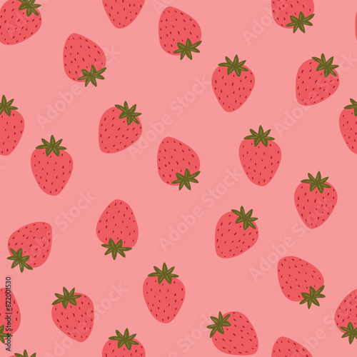 Seamless pattern with cartoon strawberry on pink background. Vector illustration.