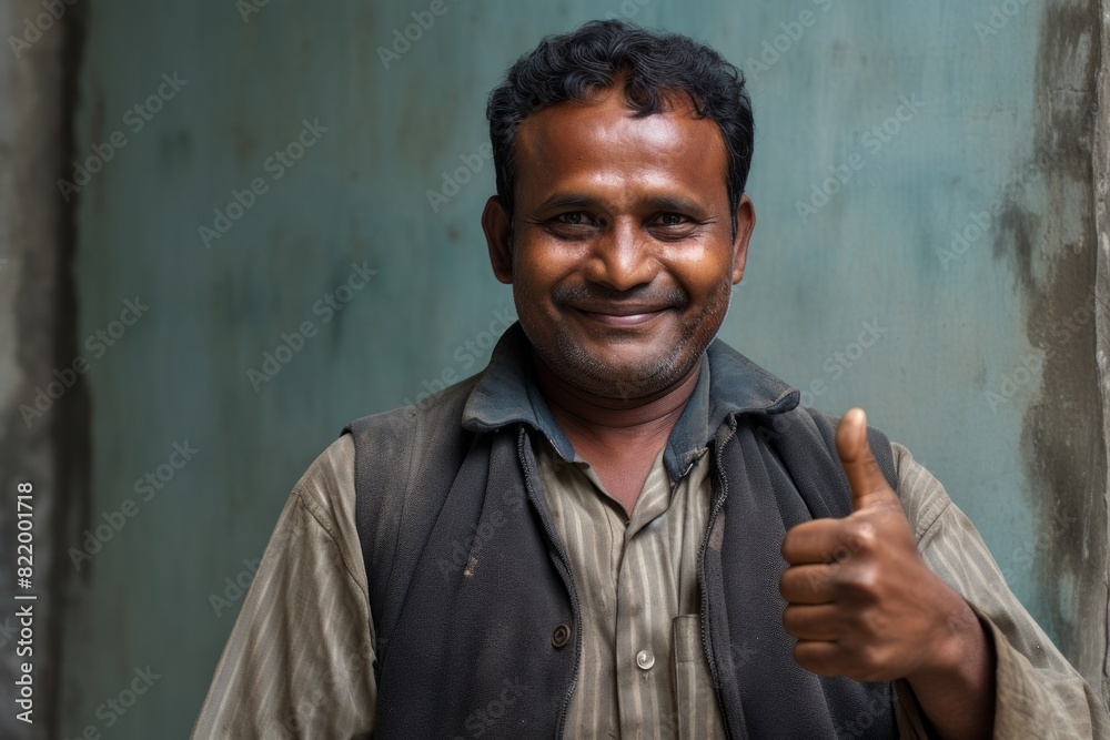 Portrait of a tender indian man in his 50s showing a thumb up in bare concrete or plaster wall Portrait of a tender indian man in his 50s showing a thumb up in bare concrete or plaster wall