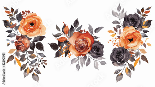 Watercolour Floral Bouquets Roses Orange Black Fall A