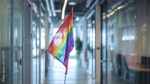 Rainbow Pride Flag in corporate offices during Pride Month, pride month LGBTQIA theme photo