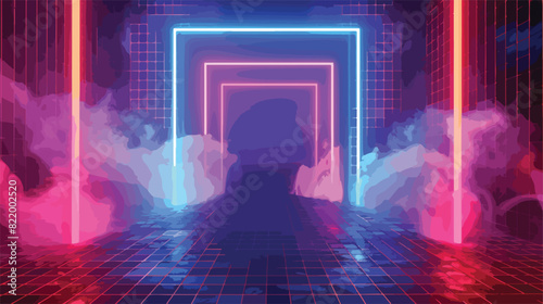 3D led light portal perspective on grid background. vector #822002520