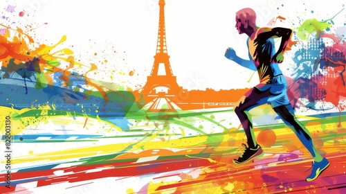 illustration on the theme of the Summer Olympic Games in Paris, a professional athlete runs against the background of the Eiffel Tower, the colors of the Olympic rings
