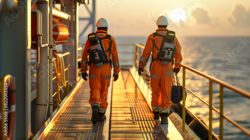Two oil and gas workers on an industrial platform