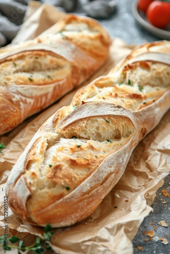 Fresh baguettes on craft paper, french breakfast concept, close up of delicious traditional bread