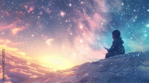 Child astronomer studying stars in pastel skies, dreamy, beautiful, 3D