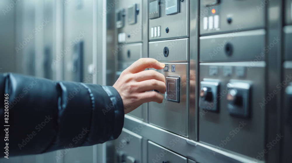 Hand pressing a button on an automated locker keypad, focus on action, modern security technology. Hand pressing a button on an automated locker keypad, focus on action, modern security technology.