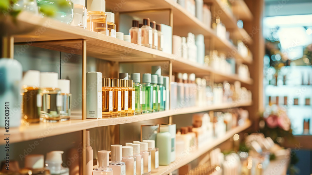 A perfume store with shelves filled with various scents and body care products A perfume store with shelves filled with various scents and body care products