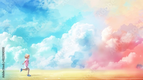 Child athlete in a pastel cloud sports field, whimsical, beautiful, sketch