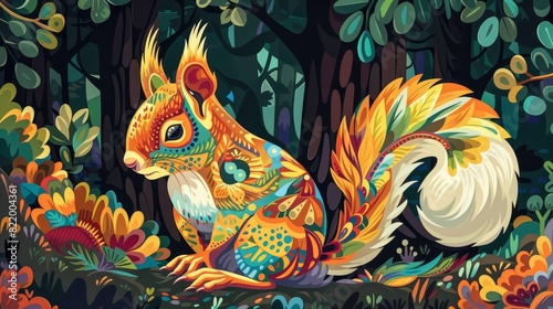 A playful squirrel in the style of intricate psychedelic landscapes  flat illustrations  2D game art 