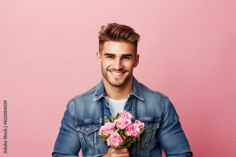 Smiling man holding a bouquet of pink flowers against a pink background, expressing love and joy. Smiling man holding a bouquet of pink flowers against a pink background, expressing love and joy.