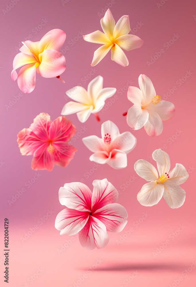 Various exotic flowers with floating petals on a pink background. Featuring plumeria, pink frangipani and hibiscus.