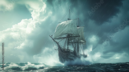 A majestic sailing ship in the middle of a stormy sea, with dramatic clouds and waves crashing around it