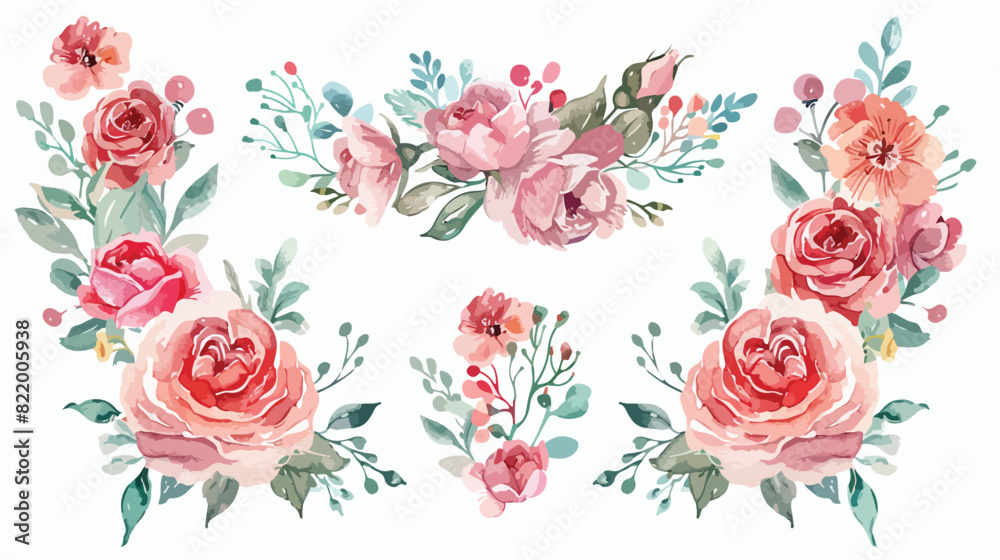 Watercolour Flower Bouquets Pink Mint Roses Spring Ar