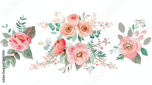 Watercolour Flower Bouquets Pink Mint Roses Spring Ar