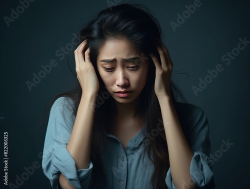Azure background sad Asian Woman Portrait of young beautiful bad mood expression Woman Isolated on Background depression anxiety fear burn 