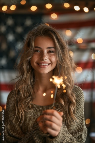 beautiful American woman holding a sparkler on USA flag background. ai generated