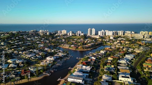 Drone footage of Mooloolah River and the riverfront houses in Mooloolah Valley, QLD, Australia photo