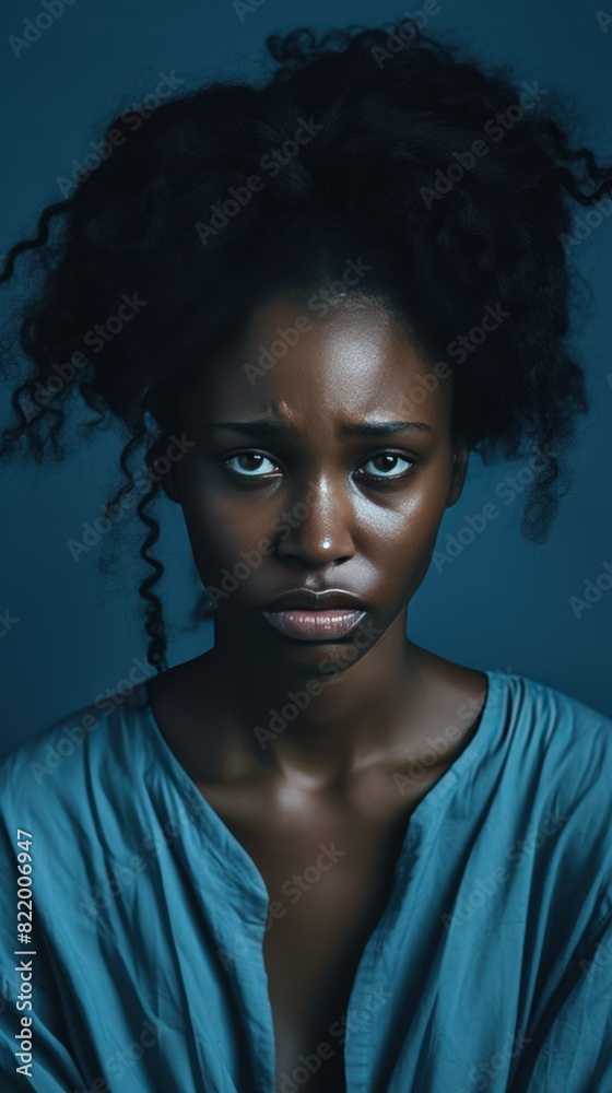 Azure background sad black independant powerful Woman realistic person portrait of young beautiful bad mood expression girl Isolated on Background racism skin color depression 