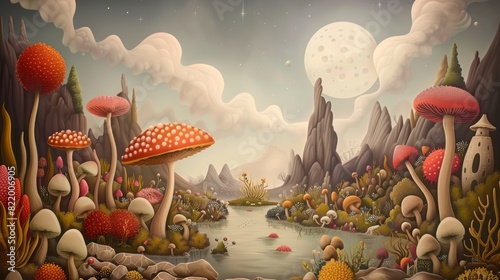 Whimsical fantasy landscape with giant mushrooms, whimsical trees, and a serene river under a cloud-filled sky with a large moon. © sutanya