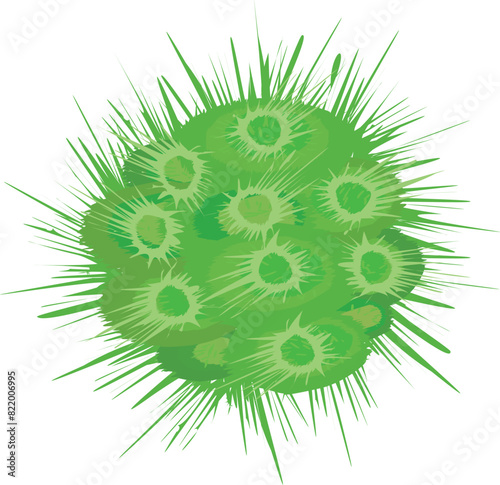 Detailed green virus illustration representing a contagious pathogen. With spike proteins and an enveloped structure. Causing an infectious disease in the field of virology and biology