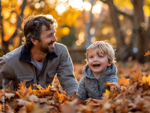 A father and son share a joyful moment playing together in autumn leaves, capturing the warmth and happiness of family bonding in nature